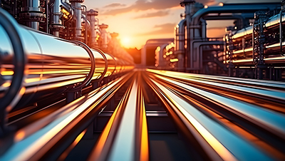 Long, smooth pipes stretching toward the sunset at an industrial plant
