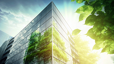 exterior of an office building made entirely of glass windows reflecting trees