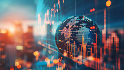stock charts and globe superimposed on a blurred city skyline